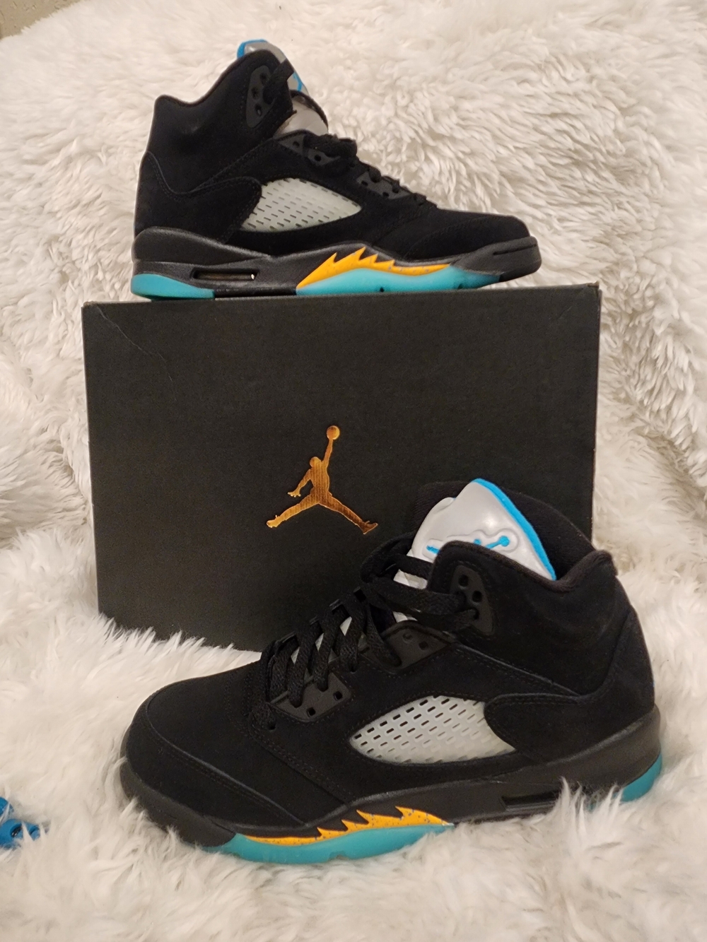 Air Jordan Kids' Retro 5 Basketball Shoes - Black/Teal/Yellow